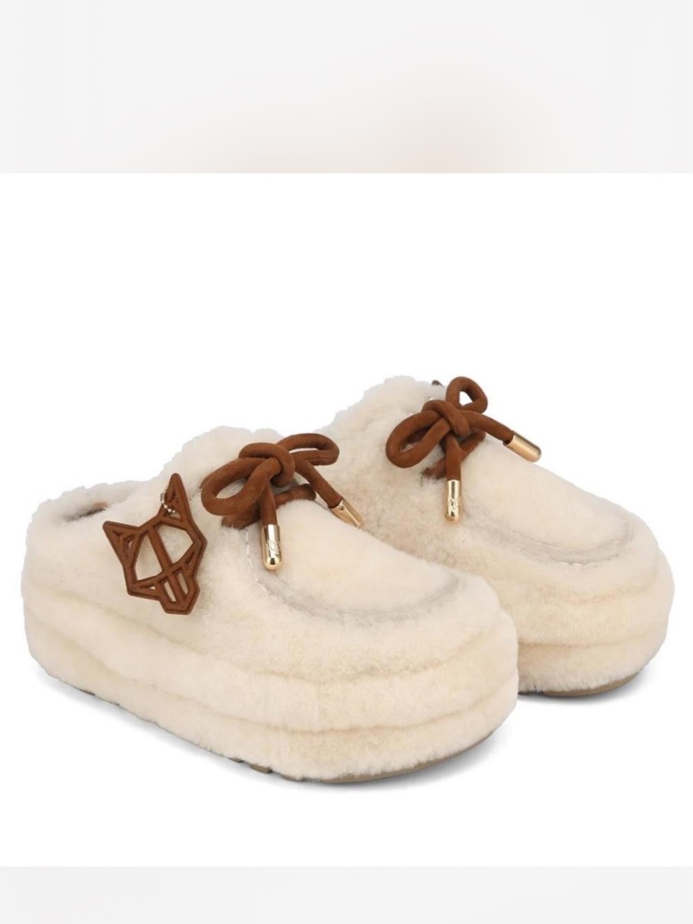 Naked Wolfe Cream Faux-Shearling Platform Slippers with Brown Accents